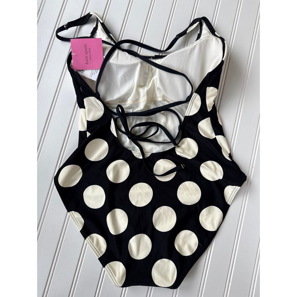 NWT Kate Spade Polka Dot Swimsuit One Piece Bathing Suit Black White Lace Up L - Picture 4 of 5